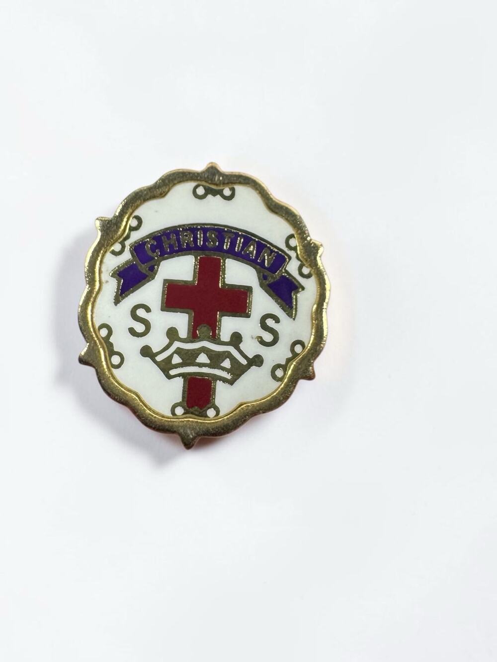 Vintage Enamel Christian Sunday School Cross and Crown Lapel Pin